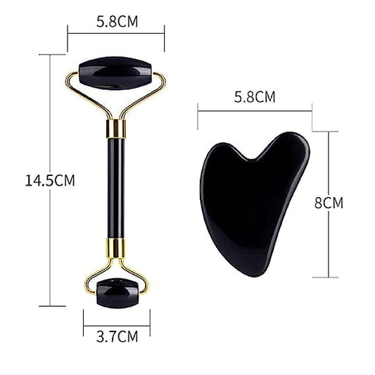 Black Obsidian Jade Facial Roller & Gua Sha Set 100% Natural Source from Highest Altitude of Himalayan Two-Sided Face Neck Massager Stone Beauty Tool