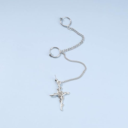 Cross Chain Cuff Earrings Silver Cross Dangle Chain Earrings Long Crucifix Drop Earrings Religious Ear Cuff Wrap Chain Earrings Jewelry for Women and Girls