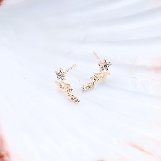 Bohemia Star Climber Crawler Earrings Gold Crystal Star Ear Climber Earrings Cluster Star Studs Earring Festival Earrings Jewelry for Women and Girls (Gold)