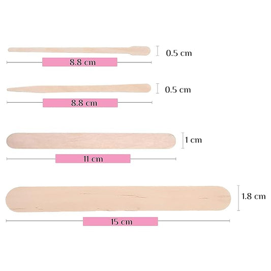 Mibly 4 Style 350 Pcs Assorted Wooden Wax Sticks for Body Legs Face and Small Medium Large Sizes Eyebrow Waxing Applicator Spatulas for Hair Removal or Wood Craft Sticks