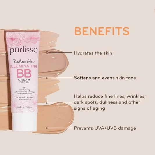 pūrlisse Radiant Glow Illuminating BB Cream SPF 30: Cruelty-Free & Clean, Paraben & Sulfate-Free, Light Coverage, Brightens with Hawthorn Berry | Medium 1.4oz