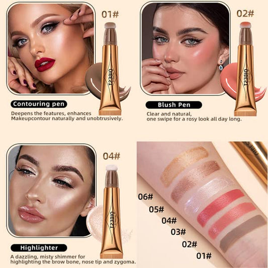 3PCS Liquid Contour Beauty Wand, Liquid Blush Highlighter Makeup Stick with Applicator, Cream Bronzer Stick Natural Matte Finish, Lightweight Blendable Cream Contour Highlighter Blush Wand