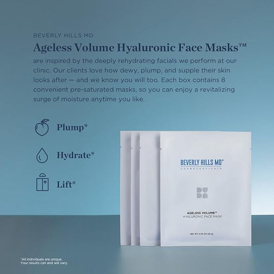 Ageless Volume Hyaluronic Face Mask- Reduce Appearance of Wrinkles, Anti Aging Formula for Plump, Moisturized Skin- 8 Pack- Hydrating & Firming Gentle Sheet Mask