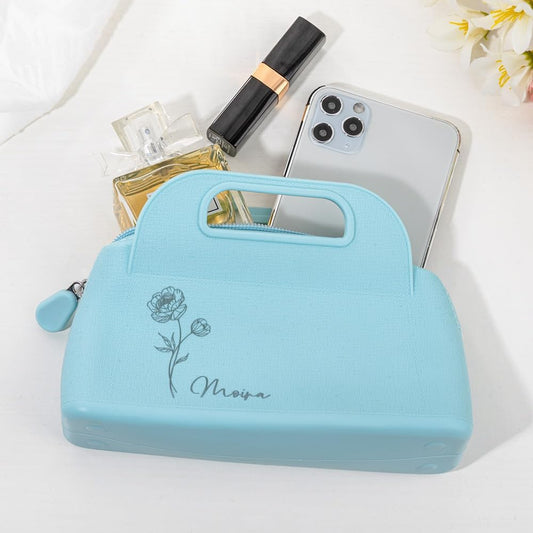 Custom Small Travel Makeup Bag Silicone Waterproof Personalized Birth Flower Name Makeup Brush Case Portable Zipper Cosmetic Bag Gifts For Mom Daughter 4 Colors Size 7.28×4.96INCH