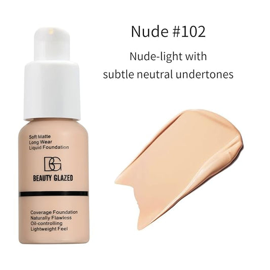 Beauty Glazed Soft Matte Silky Full Coverage Liquid Foundation, Multi-Use Buildable Foundation Lightweight Feel Oil Control Longwear Naturally Flawless Coverage Foundation (102 Nude)