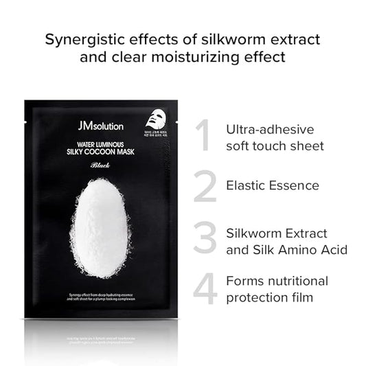 JMsolution Water Luminuous Silky Cocoon Black Mask - Korean Skincare Facial Mask - Silkworm extract amino acid -Nutrition and Moisturization Synergy - 10 sheets for a sensitive skin