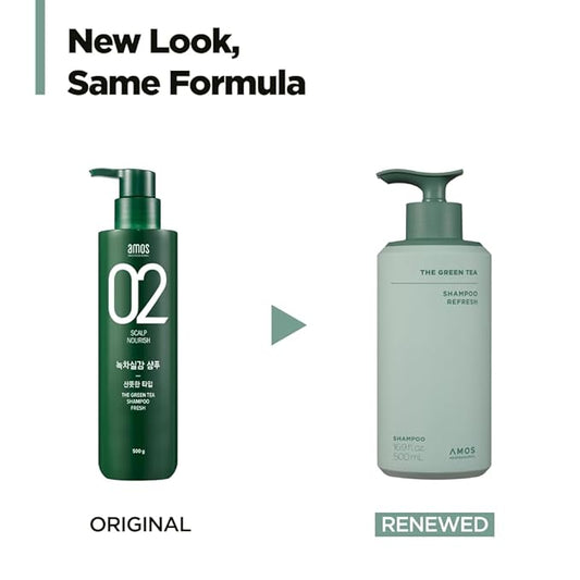 AMOS PROFESSIONAL The Green Tea Shampoo Refresh for Thinning Hair, Korean Shampoo for Oily Scalp l Deep Cleans, Strengthening Hair, All Hair Types, 16.9 fl.oz