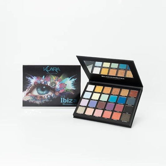24 Shade Eyeshadow Palette Ibiza glamorous shimmers bold mattes strong pastel tones long lasting full pigment