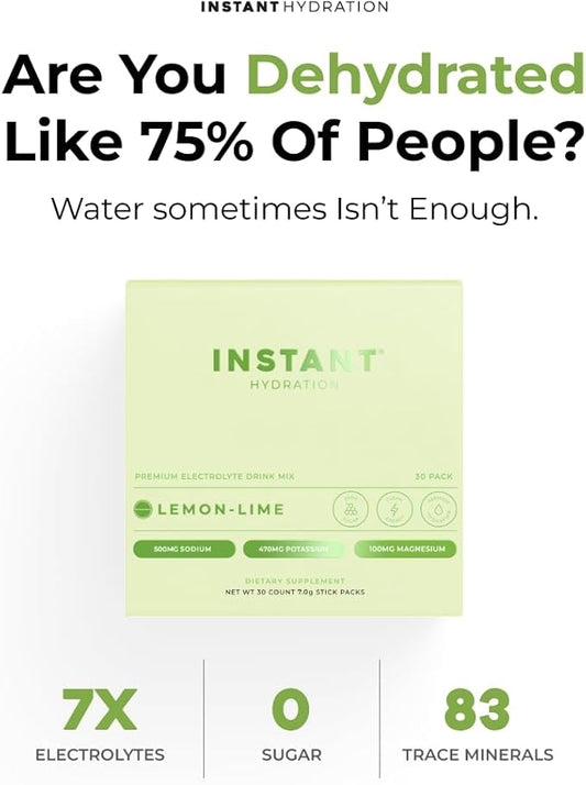 Instant Hydration Electrolytes Powder Packets - Lemon Lime Drink Mix - Zero Sugar - Keto, Vegan, Gluten-Free, Non-GMO - Boost Recovery, Brain Health, Muscle & Tissue Support- 30 Sticks