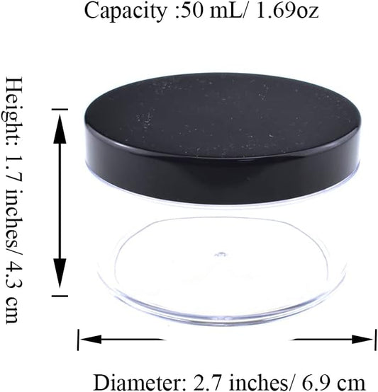 HAHIYO 2Pcs 50ml/1.69oz Plastic Empty Travel Powder Container Large Loose Powder Compact Case Makeup Cosmetic Jar Refillable Powder Box No Leak Powder Holder with Common Sifter and Black Screw Lid