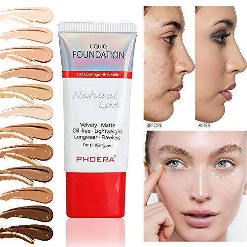 AQUAPURITY PHOERA Full Coverage Foundation New Formula Waterproof Long Lasting Oil Free Velvet Matte Liquid Foundation for Oily Skin Flawless Makeup Base Cream Concealer (101 Porcelain)