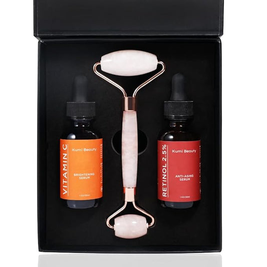 Kumi Beauty. K-Beauty Serums ~ 3 in 1 Gift Box ~ ||| Set: 2 Face Serums (Vitamin C + Retinol) + 1 Rose Quartz Roller.