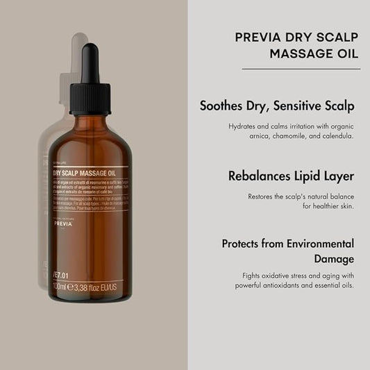 PREVIA Dry Scalp Massage Oil | Extra Life - The Virtuous Scalp Ritual | Soothing & Calming for Dry Scalp | Hydrating Treatment with Arnica Chamomile, & Calendula | Rebalances Lipid Layer | 3.38 Floz