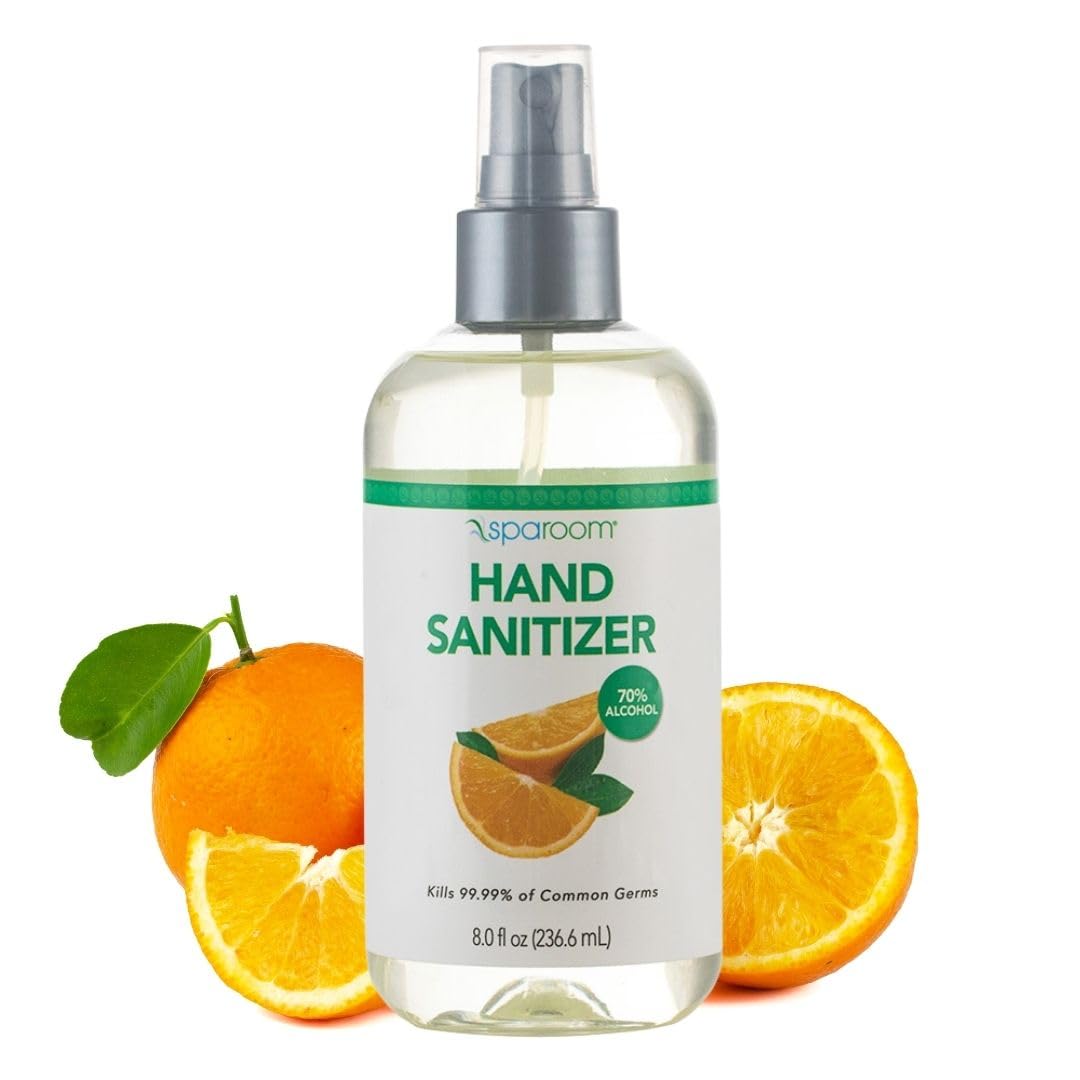 SpaRoom Hand Sanitizer Spray Orange – 70% Alcohol Formula with Aloe and Essential Oils, Travel Size Citrus Blend for On-the-Go Hygiene and Skin Moisture – 8oz Leak-Proof Bottle