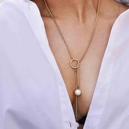 Boho Pearl Lariat Necklace Gold Chunky Chain Y Necklace Pearl Tassel Necklace Long Necklaces for Women and Girls Prom Bridal Necklace Jewelry