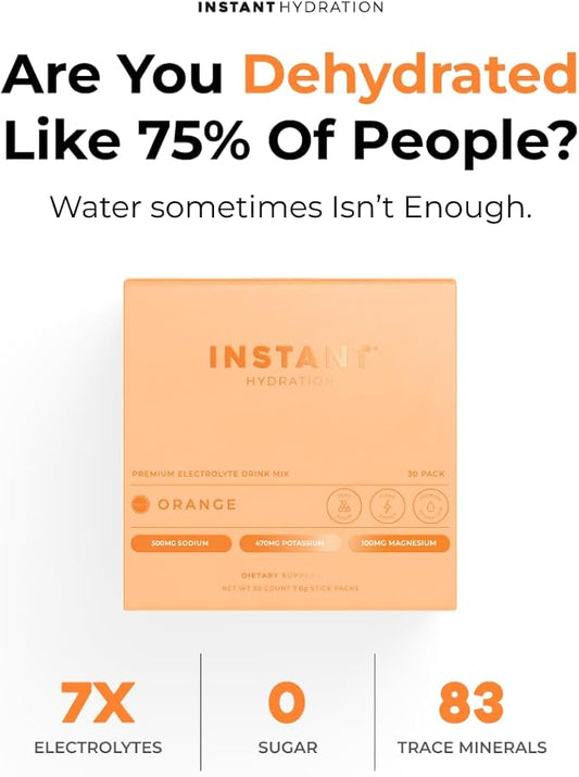 Instant Hydration Electrolytes Powder Packets - Citrus Orange Drink Mix - Zero Sugar - Keto, Vegan, Gluten-Free, Non-GMO - Boost Recovery, Brain Health, Muscle & Tissue Support- 30 Sticks