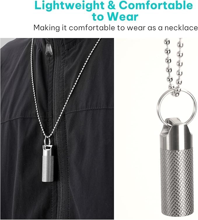 Mini Titanium Pill Box Keychain & Necklace - 100% Waterproof and Airtight, Travel Pill Holder for Essentials, Ultra Lightweight & Compact Medicine Container with O-Ring Seal (2PC)