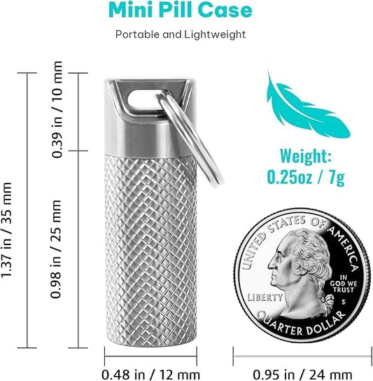 Mini Titanium Pill Box Keychain & Necklace - 100% Waterproof and Airtight, Travel Pill Holder for Essentials, Ultra Lightweight & Compact Medicine Container with O-Ring Seal (2PC)