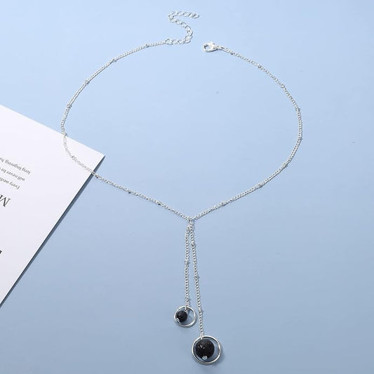 Boho Lava Stone Necklace Chain Silver Layered Chain Y Necklace Lava Bead Lariat Necklace Anxiety Essential Oil Diffuser Necklace Jewelry for Women
