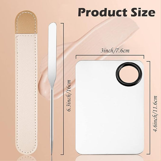Picasso Makeup Spatula and Palette Set, Korean Makeup Spatula with Leather Cover, Stainless Steel Makeup Palette with Scraper Tool, Metal Foundation Palette for Cosmetic Pigment Blending(SS)
