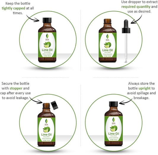SVA Lime Essential Oil – 4 Fl Oz – 100% Natural Lime Oil - for Diffuser, Hair Care, Face, Skin Care, Aromatherapy, Scalp and Body Massage, Soap and Candle Making - with Dropper
