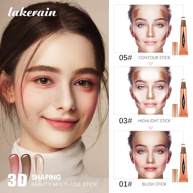 3 Pcs YU KUI LX Liquid Beauty Stick, Highlighter Makeup, Blush Stick, Liquid Highlighter, Contour StickMultifunctional Beauty Stick,Beauty Cream With Cushion Applicator (01#+03#+05#)