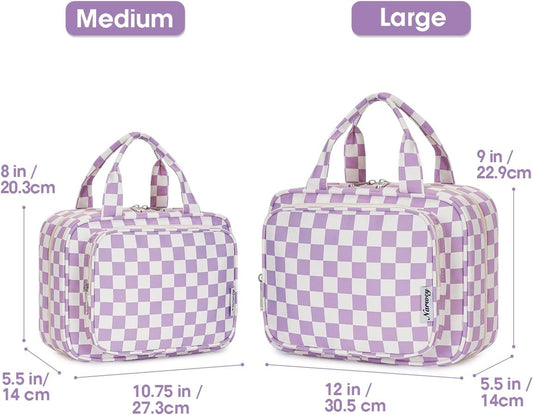 Narwey Travel Toiletry Bag for Women Large Hanging Makeup Bag Organizer Toiletries Bag for Full Size Essentials Accessories Cosmetics (Purple Checkerboard (Large))