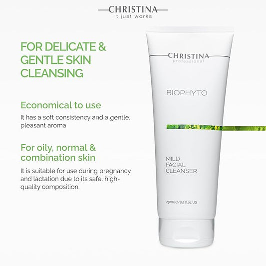 '-CHRISTINA- Biophyto Mild Facial Cleanser with Green Tea and Cucumber Extracts - 250 ml - Soapless Gentle Face Wash and Daily Facial Cleanser for All Skin Types