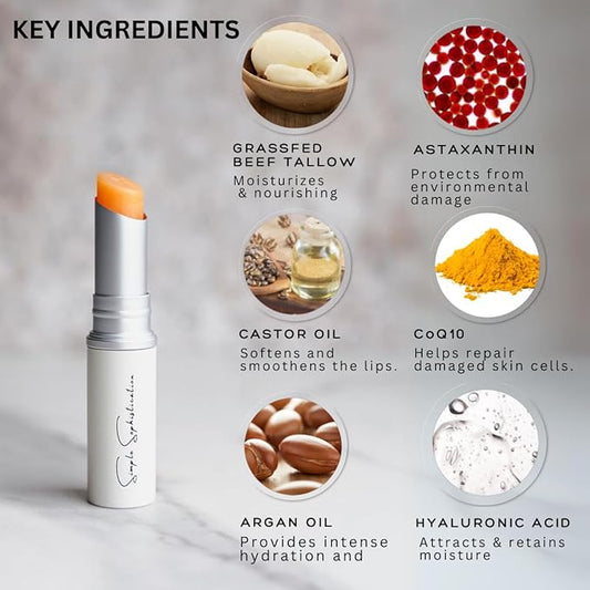 Tallow Lip Balm - Anti-Aging with 100%-grassfed Beef Tallow, CoQ10, Astaxanthin, Hyaluronic acid - Ultra Moisturizing, Conditioning, All natural, Organic, Made in USA (Untinted)