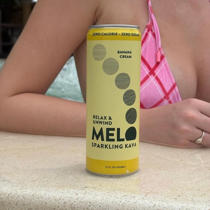 Melo Sparkling Kava Drink, Banana Cream, Sugar Free Non Alcoholic Drinks with Zero Calories, Gluten Free, Vegan, 100% Natural Mocktail with 750mg Kava Root per Drink, 12 Pack, 12 oz Cans
