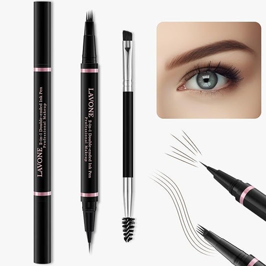 LAVONE Eyebrow Pencil Makeup Kit, with Waterproof 2-IN-1 Microblading Eyebrow Pen, Eyebrow Pomade, Eyeliner and Dual-ended Eyebrow Brush, Brow Pencil Kit for Natural Eyebrows - Dark Brown