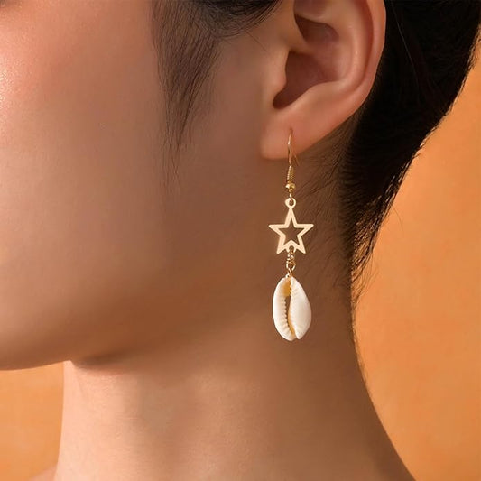 Boho Shell Drop Earrings Vintage Gold Star Shell Dangle Earrings Statement Cowrie Shell Hook Earrings Summer Beach Seashell Earrings Jewelry for Women