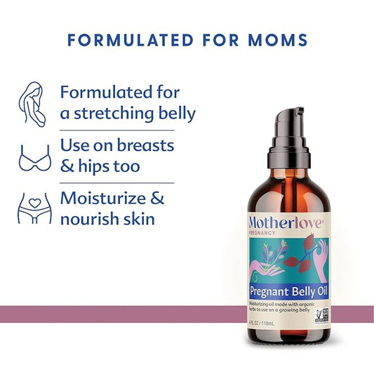 Motherlove Pregnant Belly Oil (4 oz) Natural Moisturizer to Soothe Itchy Skin & Prevent Stretch MarksβNon-GMO, Organic Herbs, Vegan