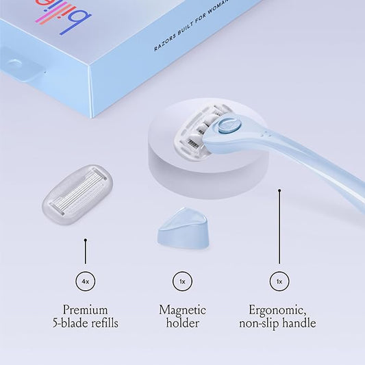 Billie Razors for Women Shave Kit – Women’s Razor + 4 x 5-Blade Razor Refills + Magnetic Holder – Cool Blue