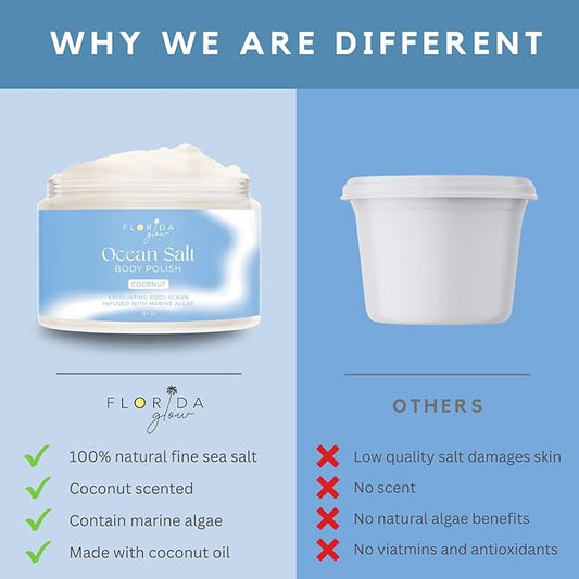 Sea Salt Body Scrub by Florida Suncare - Ocean Salt Body Polish Infused with Marine Algae - Exfoliating Face and Body Scrub - Facial Scrub Exfoliator to Tackle Acne and Scars (Coconut, 12.1 oz)
