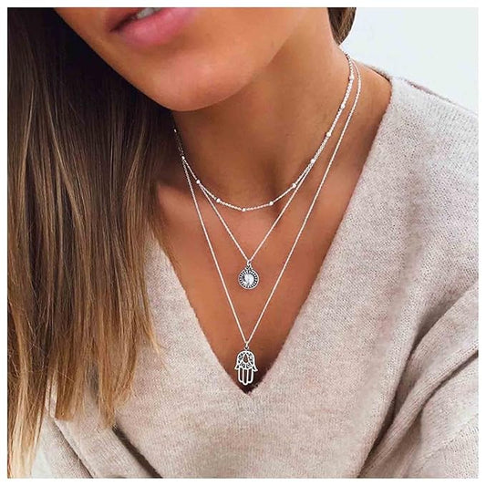 Boho Layered Opal Moonstone Necklace Silver Hamsa Pendant Necklace Futian Hand Necklace Chain Opalite Gem Necklace Jewelry for Women and Girls