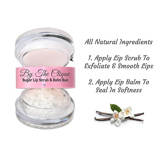 Premium 2 in Exfoliating Sugar Lip Scrub and Smoothing Safflower Oil Infused Lip Balm Duo | All Natural Ingredients | Vegan, Gluten Free and Cruelty Free | Vanilla Sugar