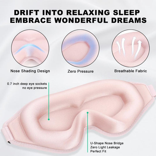 3D Contoured Sleep Eye mask Side Sleeper Men Women Zero Eye Pressure high Density Memory Foam Soft Breathable Light Blocking Night Blindfold Travel Yoga Napping Pink