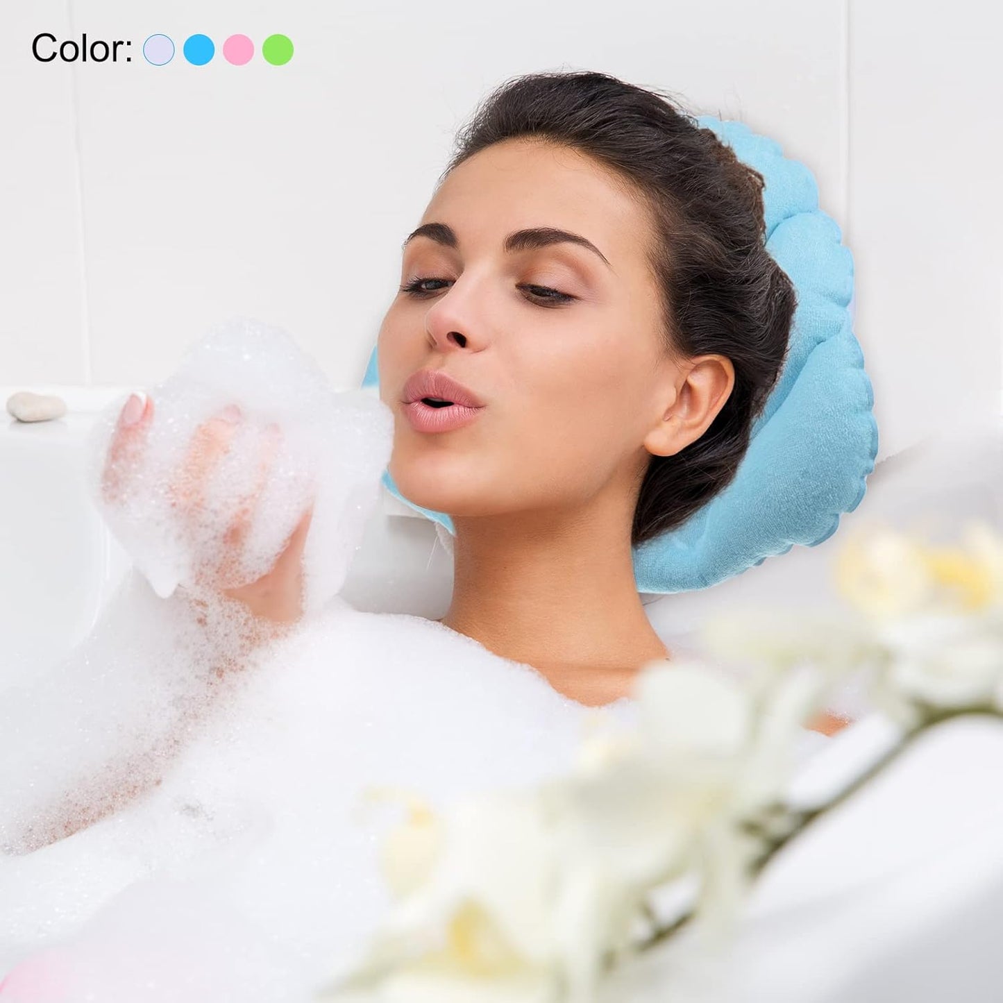 PATIKIL Inflatable Bath Pillow with Suction Cups, 2 Pack Terry Cloth Covered Shell Shape Soft Bath Spa Cushion Neck Support for Bathtub Hot Tub (Blue, Pink)