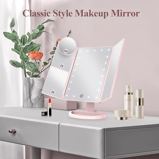 HUONUL Makeup Mirror Vanity with Lights, 2X 3X 10X Magnification, Lighted Mirror, Touch Control, Trifold Dual Power Supply, Portable LED Women Gift (Pink)