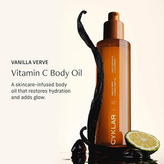 Vitamin C Body Oil for Women and Men. Moisturizing Vanilla Verve Scented Body Serum for Glowing Skin. Nourishing, Hydrating After-Shower and Bath Skin Care Moisturizer, 4.2 Fl Oz