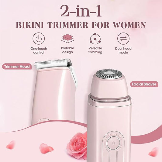 Bikini Trimmer Electric Razors for Women, 2-in-1 Dual-Head Cordless Body Hair Trimmer Facial Hair Removal for Face Lip Chin Pubic Underarm Legs, IPX6 Waterproof, Gifts for Women