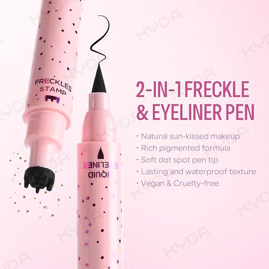 KYDA Freckle Liquid Eyeliner Pen, 2 in 1 Freckles Stamp and Black Liquid Eyeliner, Waterproof and Long lasting Soft Dot Spot Pen Realistic Fake Freckles for Natural Lifelike Sun-kissed Makeup-DARK