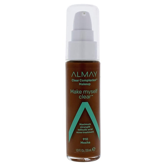 Almay Clear Complexion Makeup, Matte Finish Liquid Foundation with Salicylic Acid, Hypoallergenic, Cruelty Free, -Fragrance Free, Dermatologist Tested, 910 Mocha, 1.0 oz