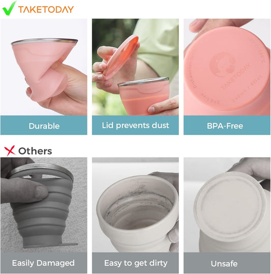 TakeToday Collapsible Travel Cup - Silicone Foldable Water Cup, BPA-Free with Lid & Waterproof Bag - Drinking Cup Set for Camping, Outdoors & International Travel(8 Oz, Lowcountry Peach)