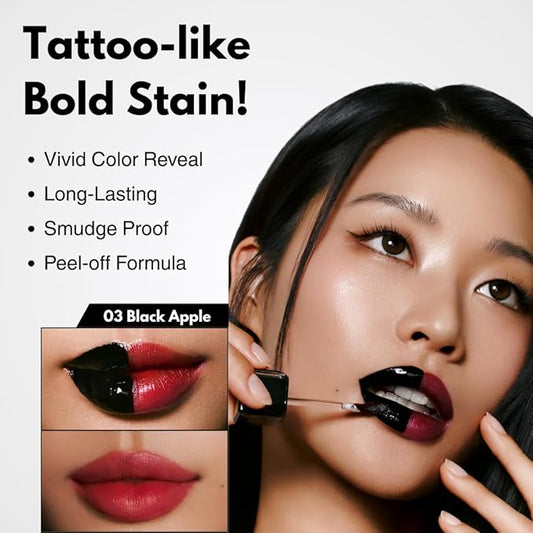 MILKTOUCH Black Peel Off Lip Tattoo - Long-Lasting Matte Lip, Waterproof & Transfer-Proof, Highly Pigmented, Stay-On-All-Day Lip Tint Stain (4.5g) #03 Black Apple