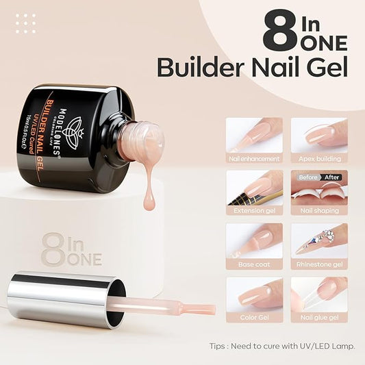 modelones 8-in-One Builder Nail Gel, Neutral Nude Builder for Thickening, LED Lamp Cured Hard Strengthener Extension Color Base Rhinestone Glue Gel Polish in a Bottle for DIY Home Salon