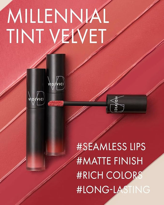 VIDIVICI Millennial Velvet Lip Tint - Thin, Comfortable & Long-Lasting Wear with Matte Finish - Seamless, Rich and Vibrant Shades - Moisture-Filled & Lightweight Texture. 0.15 fl.oz. (05 RED OVER)