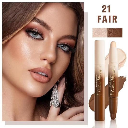 2Pcs 2in1 Cream Contour Highlighter Stick, Dual-Ended Highlighter Makeup Contour Stick, Contour Stick Dual Ended For Face Body Makeup,Long Lasting Waterproof for All Skin Tones (01+03)