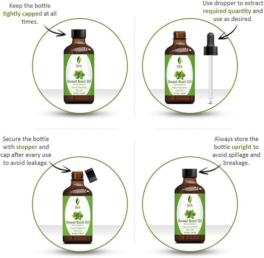SVA Sweet Basil Essential Oil – 4 Fl Oz – 100% Natural Basil Oil - for Diffuser, Hair Care, Face, Skin Care, Aromatherapy, Scalp and Body Massage, Soap and Candle Making – with Dropper